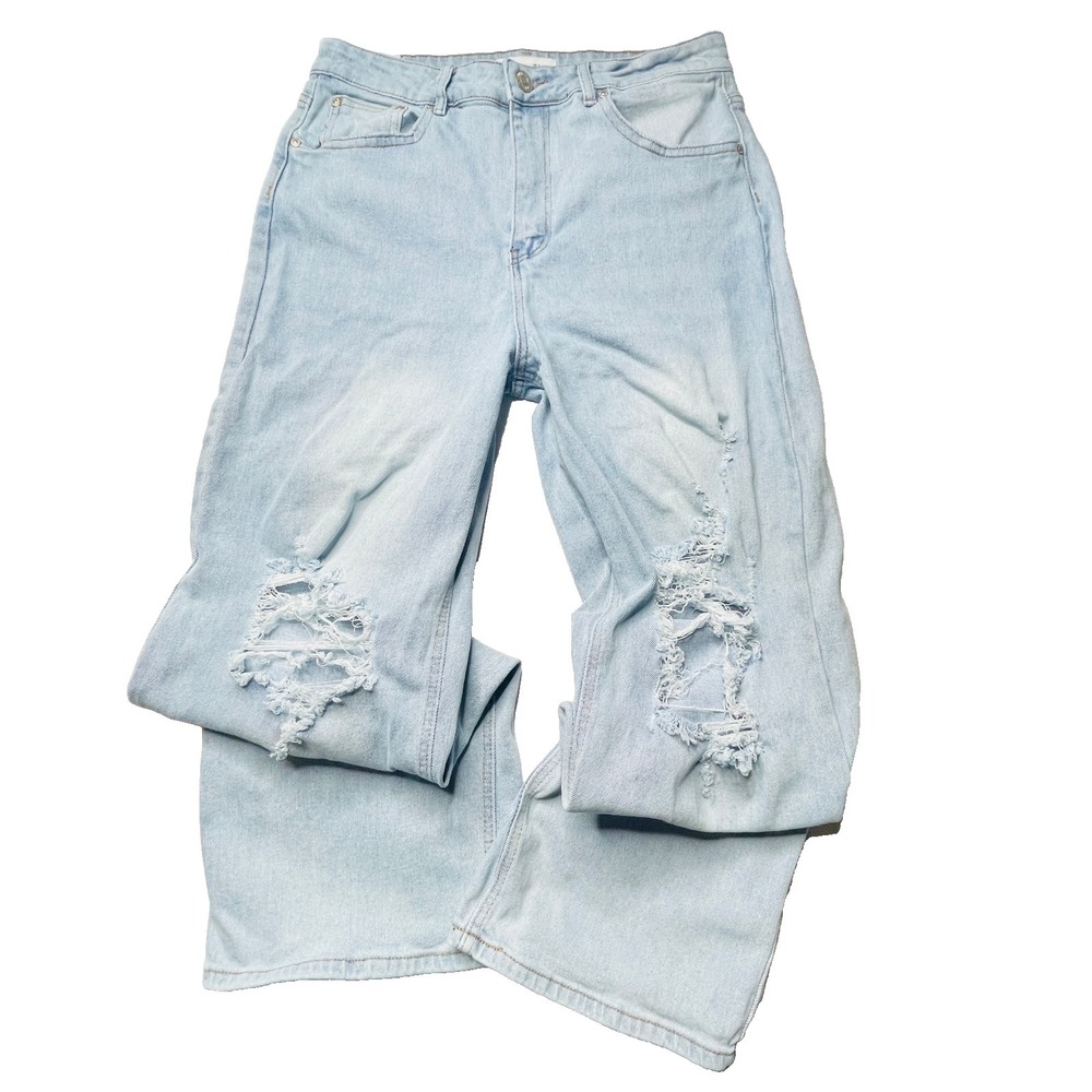 Almost Famous Jeans Women 11 Light Wash Wide Leg Distressed Stretch Denim 31x28